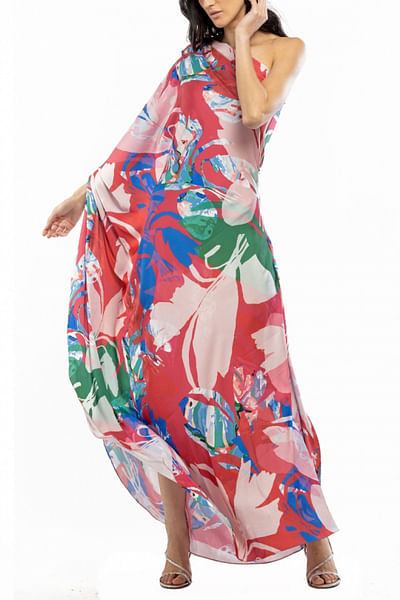 Red printed one shoulder kaftan
