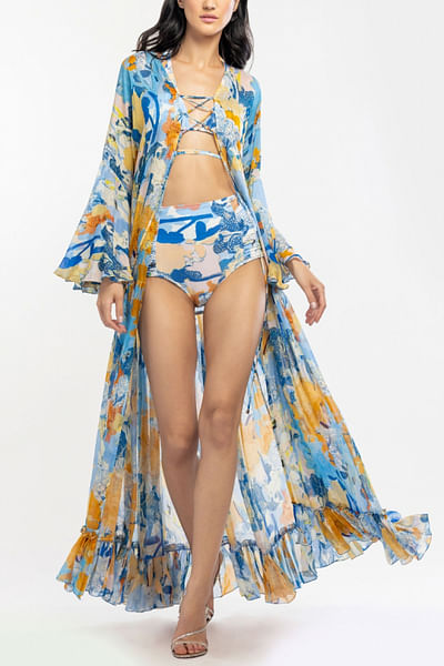 Tropical printed bikini and cape set