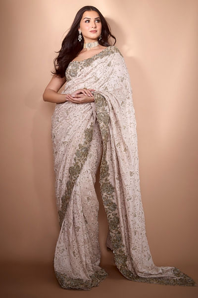 Ivory zardozi and resham embroidered sari set