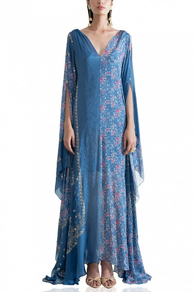 Blue printed chiffon kaftan
