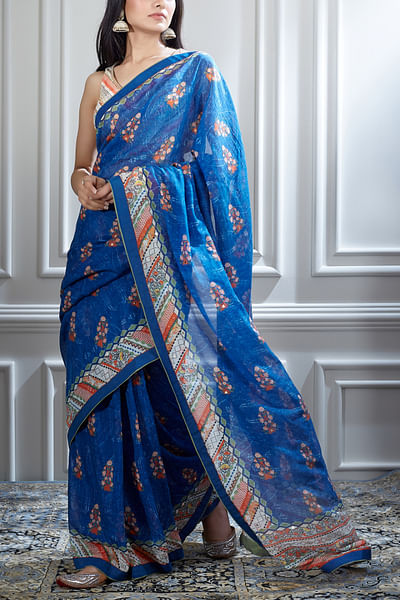 Blue printed sari set