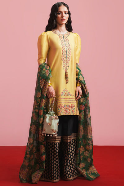 Mango yellow floral print embellish kurta set