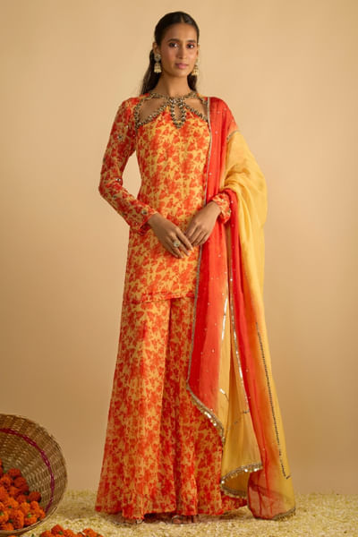 Yellow and orange print kurta set