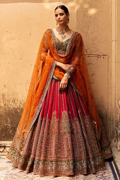 Red resham embroidered lehenga set