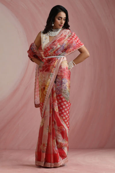Moh India Red floral printed sari set MOHIAUG26D151501