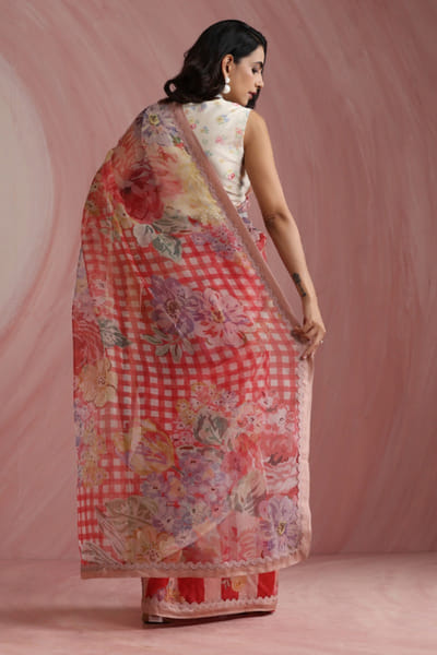 Moh India Red floral printed sari set MOHIAUG26D151501