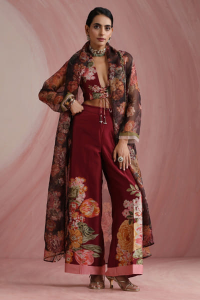 Moh India Burgundy floral printed jacket set MOHIAUG26D151478