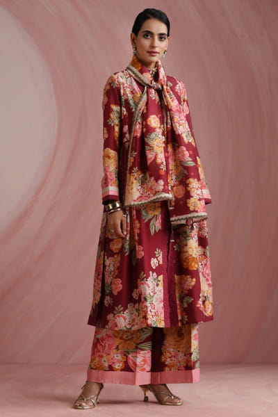 Moh India Burgundy floral printed stole MOHIAUG26D151508