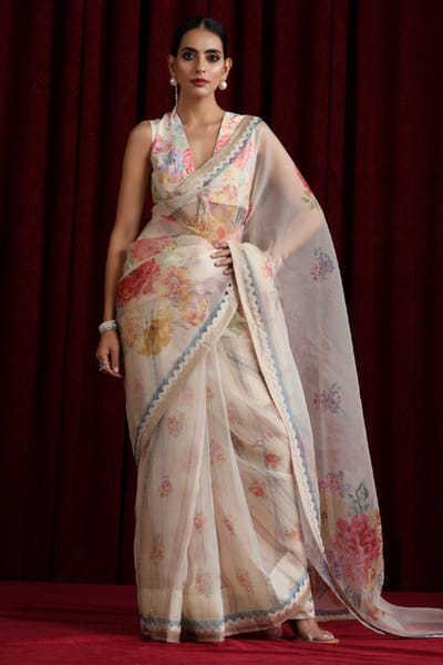Moh India Ivory floral printed sari set MOHIAUG26D151500