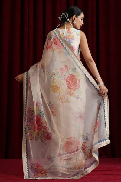 Moh India Ivory floral printed sari set MOHIAUG26D151500