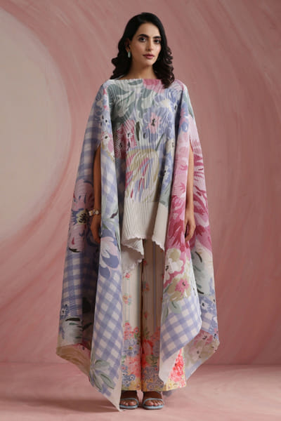 Moh India Powder blue floral-checks printed cape MOHIAUG26D151499