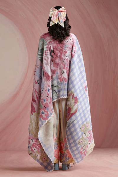 Moh India Powder blue floral-checks printed cape MOHIAUG26D151499