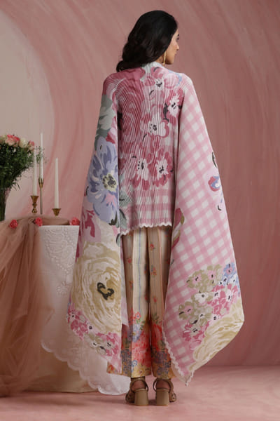 Moh India Soft pink floral printed cape set MOHIAUG26D151496