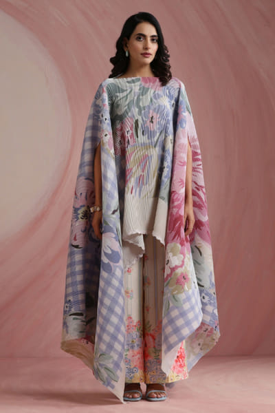Moh India Powder blue floral-checks printed cape set MOHIAUG26D151498