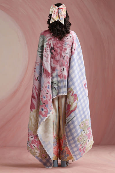 Moh India Powder blue floral-checks printed cape set MOHIAUG26D151498