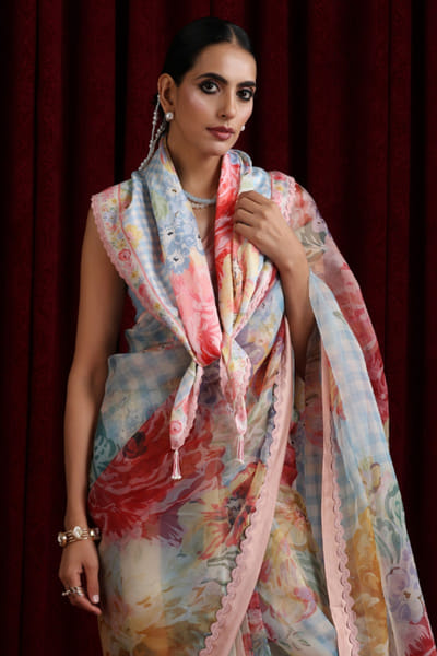 Moh India Powder blue floral-check printed scarf MOHIAUG26D151505
