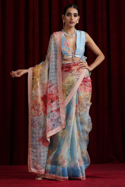 Moh India Powder blue floral printed sari set MOHIAUG26D151502