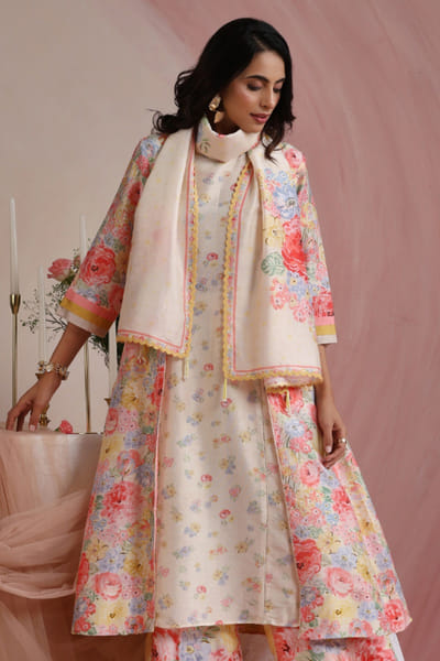 Moh India Ivory floral printed stole MOHIAUG26D151509