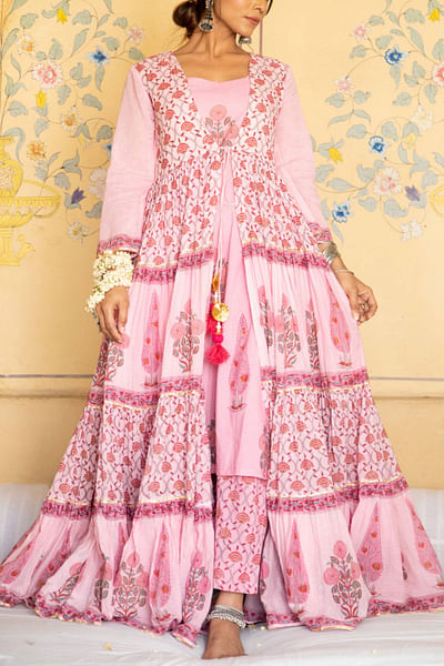Pink block printed jacket set