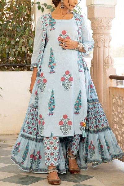 Blue block printed jacket set