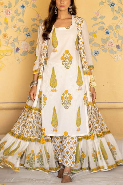 Ivory block printed jacket set