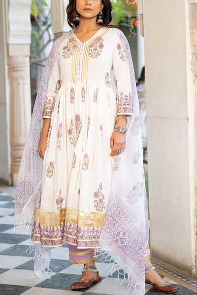 Ivory block printed kurta set