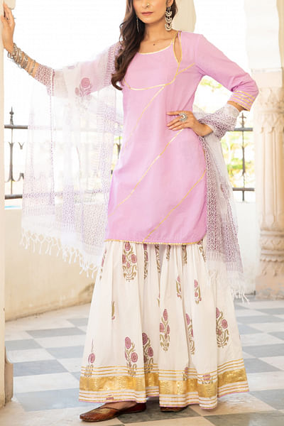 Lavendar block printed kurta set