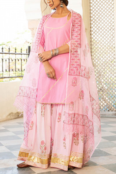 Pink block printed kurta set