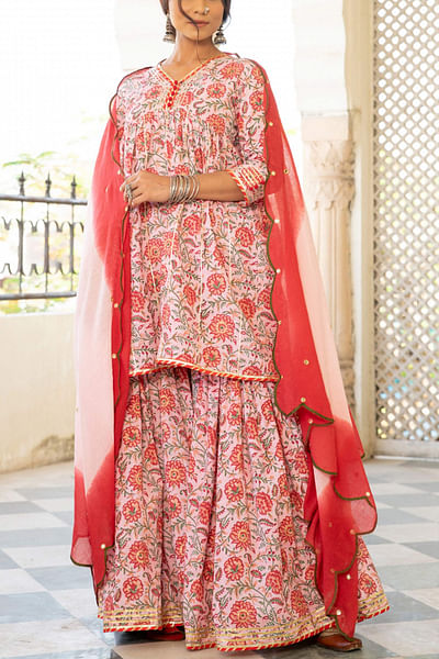 Pink floral printed kurta sharara set