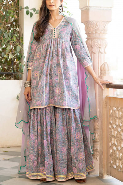 Pink floral kurta sharara set