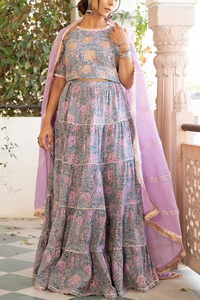 Grey floral kurta skirt set