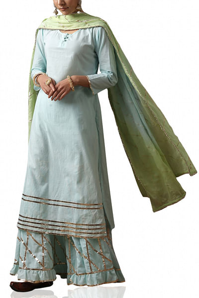 Turquoise blue and sea green embroidered sharara set