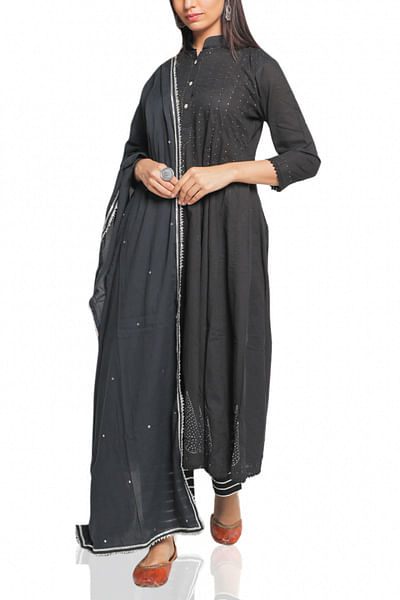 Black embellished kalidar kurta set