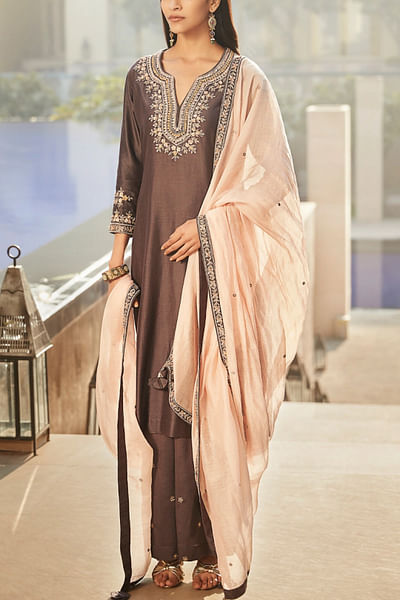 Brown embellished kurta set
