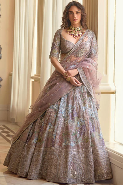 Onion pink aari embroidered lehenga set