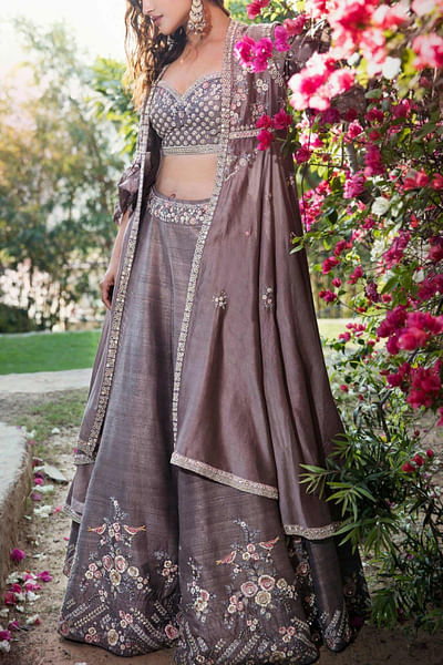 Brown embroidered cape lehenga set