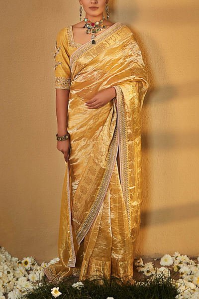 Yellow wrinkled tissue sari set