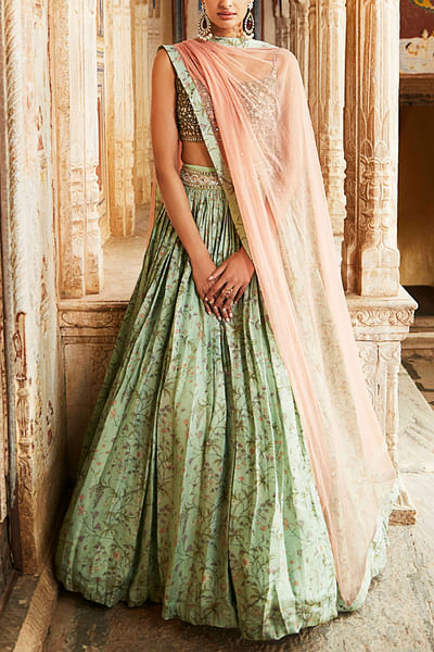 Green embroidered lehenga set