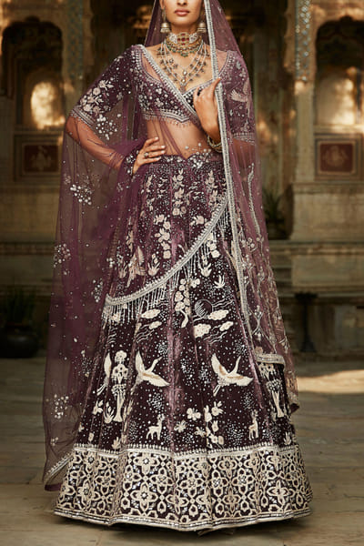 Wine embroidered lehenga set