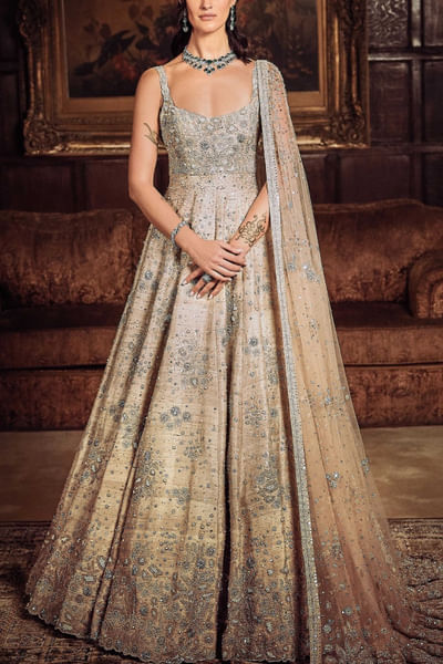Beige dori embroidered gown and dupatta