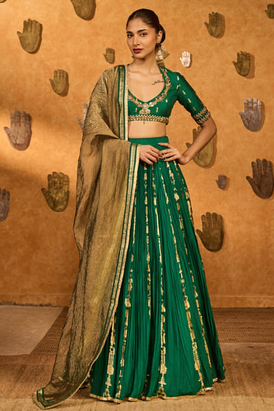 Green gota and foil print crushed lehenga set