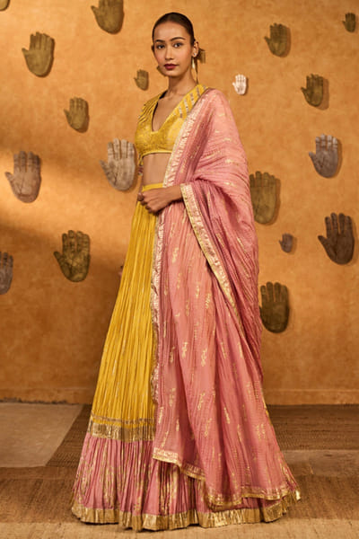 Spiced ochre gota-foil printed lehenga set