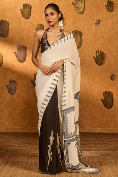 Black and ivory foil printed sari set