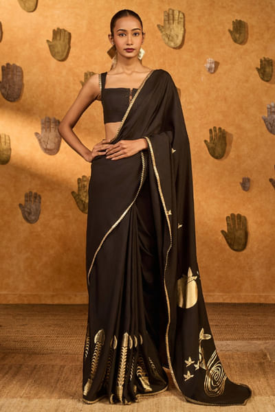 Black foil printed sari set