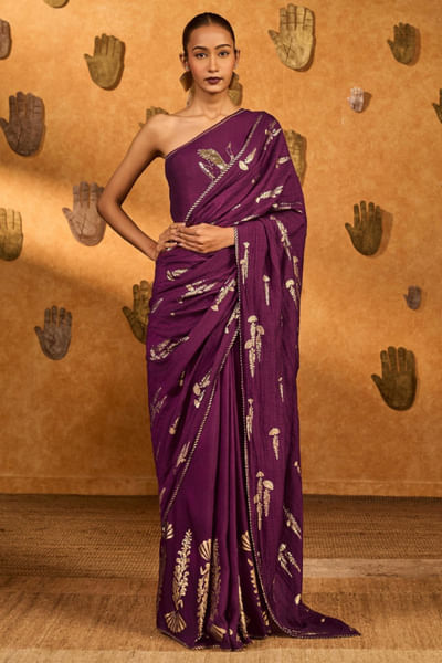 Berry cherry foil printed sari set