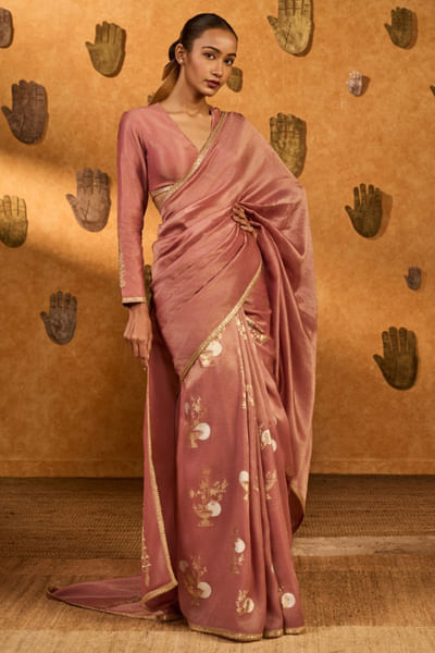 Mauve foil printed sari set