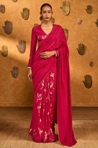 Pink foil printed sari set