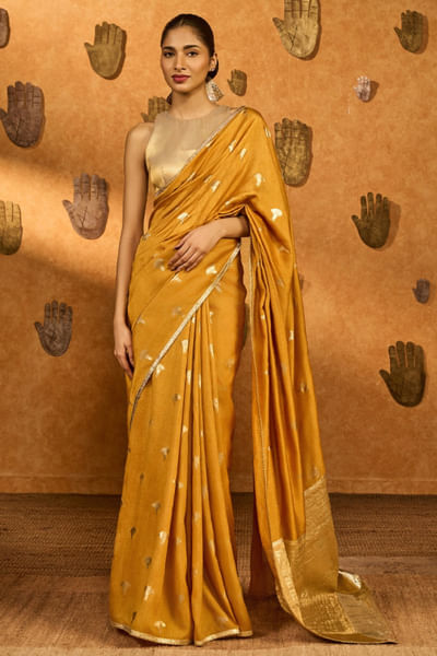 Ochre foil printed sari set