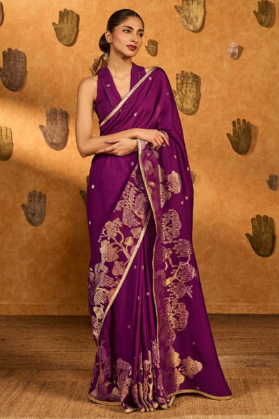 Berry wine jacquard zari sari set