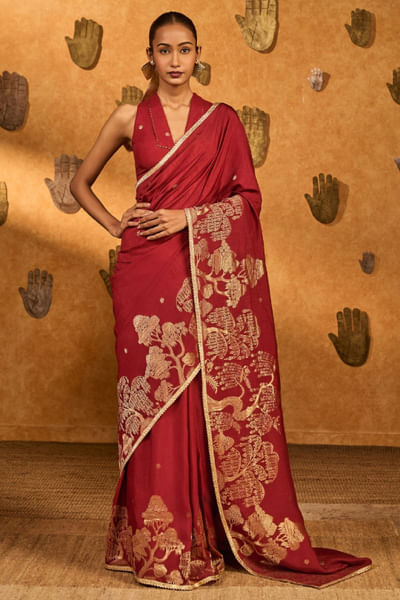 Red jacquard zari sari set